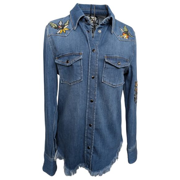 Zadig & Voltaire Deluxe Thelma Love Now Embroidery Western Denim Button Shirt XS - Picture 4 of 15
